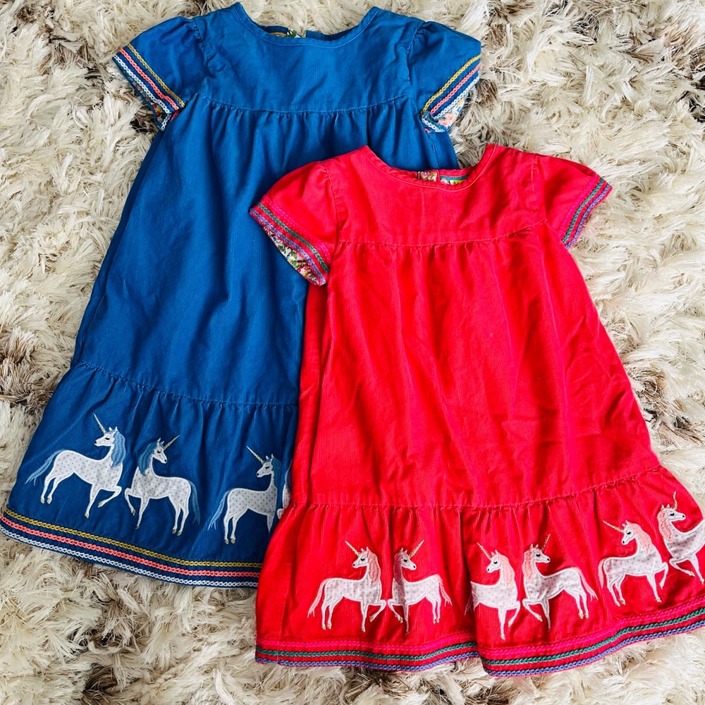 Mini Boden Blue and Red Ruffled Sundresses for sisters